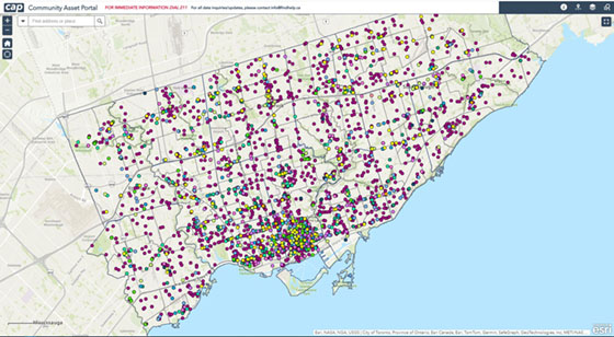 map of Toronto with colour markers showing various community asset locations