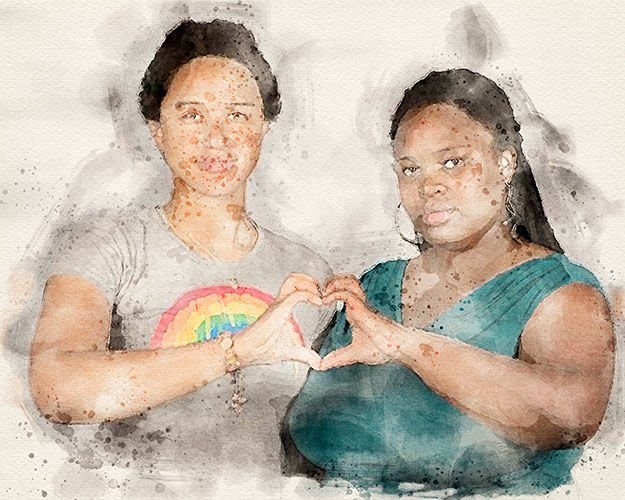 an illustration of a two women forming a heart shape using their hands